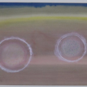 May include: Abstract painting featuring two white circles on a pink background. The circles are outlined in white and have a subtle, textured pattern within. The background is a gradient of pink, yellow, and blue.