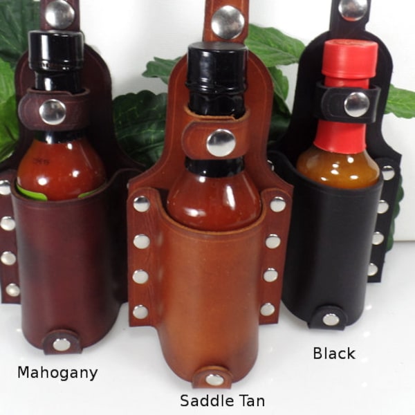 5oz Leather Hot Sauce Holder Holster BBQ Grilling Smoker 3rd Anniversary Fathers Day Gift For Cook Him Her