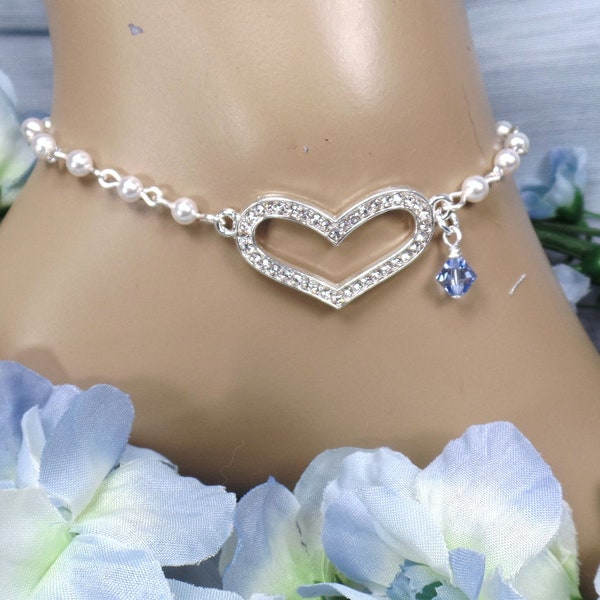 Something Blue Pearl Rhinestone Heart Bridal Anklet Gift for Bride Adjustable Ankle Bracelet Shower Gift Wedding Jewelry