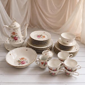 Geschirr Landhausstil Kaffeeservice Vintage Blumen Tischdeko Essen Trinken Kaffee 1970er Jahre Einrichtung Landhaus Zuhause Wohndeko