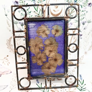 Może przedstawiać: Prostokątna metalowa rama z ciemnym wykończeniem i dekoracyjnymi okręgami i kwadratami. Rama zawiera fioletowe tło z suszonymi kwiatami. Kwiaty są brązowe i beżowe. Rama to przedmiot dekoracyjny.