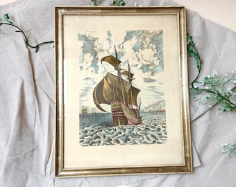 Scheepslithografie, maritieme wanddecoratie, antieke vintage houten lijst, gekleurde antiek, fotolijst, kunstwerk, schilderijlijst, cadeau, galerijwand