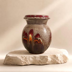 Vintage ceramic vase, mid-century modern, pottery, Fat Lava, 1970s, handmade, classic, brown, red, Ursula