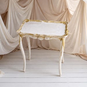 Baroque side table, vintage, used, shabby chic, ornate, unique, wooden table, Italian, living room table, gold, white