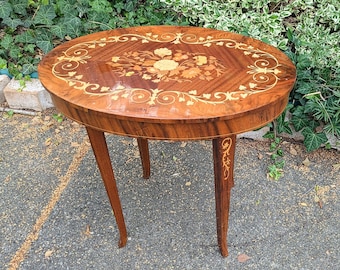 Side table music box inlay vintage flowers wood table antiques furnishings antique wood inlay gift idea collector&#39;s item old