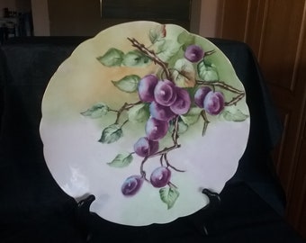 1909 Hand Painted 12 1/2" Platter - Unmarked with Grapes, Branches, Leaves and Scalloped Gold Trim Edges