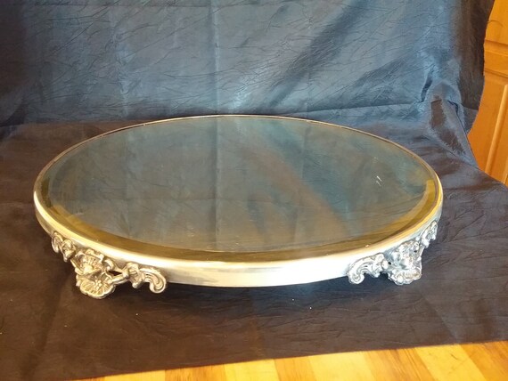 Vintage Victorian Round Mirror With Beveled Edge Glass And A Fl Base Silver Plate Rim