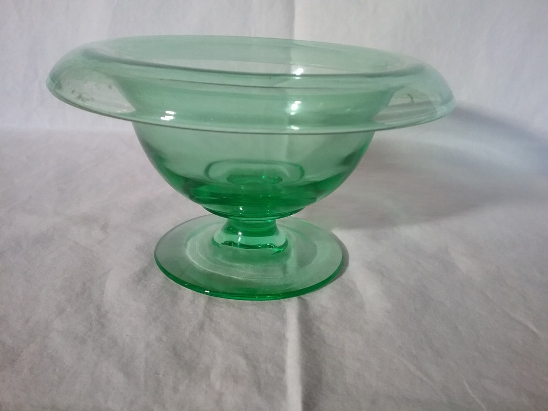 Green Depression Glass Pedestal Bowl With Rolled Edges Rare Etsy