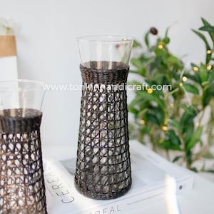 Black Woven Bistro Carafe, Seagrass-Wrapped Pitcher, Small Milk Jug, Handmade Pitcher Woven Seagrass Wrapped Glassware Housewarming gift