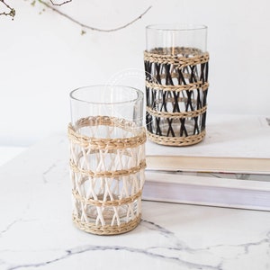 Set 2 Seagrass Highball Glasses, Wrapped Drink Tumbler, Woven Seagrass Wrapped Glassware, Seagrass cup holder Drinkware Housewarming gift