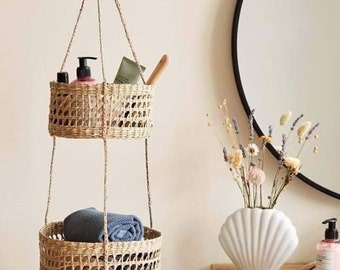 Hanging fruit 2-tiers basket, planter, container, natural weave basket, Seagrass Storage woven weaving basket in kitchen Decor Holder