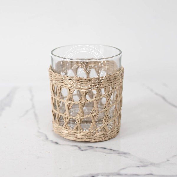 Seagrass Glassware,Wrapped Drink Tumbler, Woven Seagrass Wrapped Glassware, Seagrass cup holder Drinkware Housewarming gift