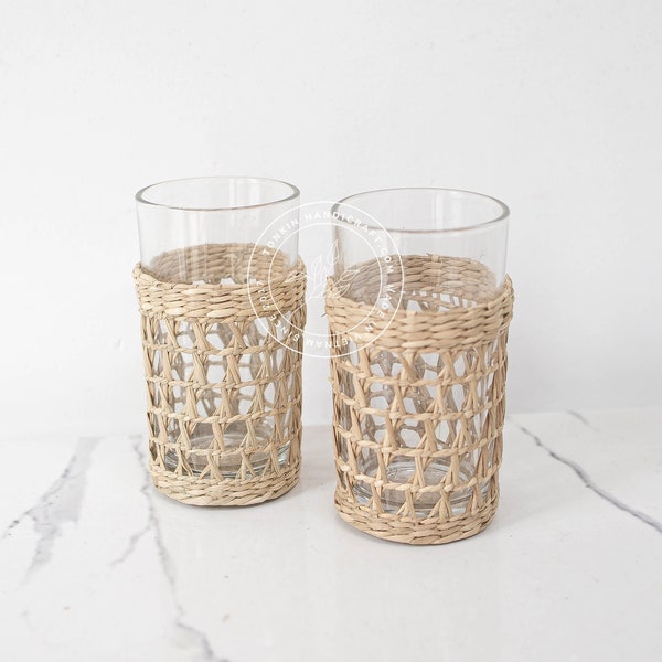 Seagrass Highball Glasses, Woven Seagrass Wrapped Glassware, Braided Weaving Seagrass Holder Drinkware Dinnerware Housewarming gift