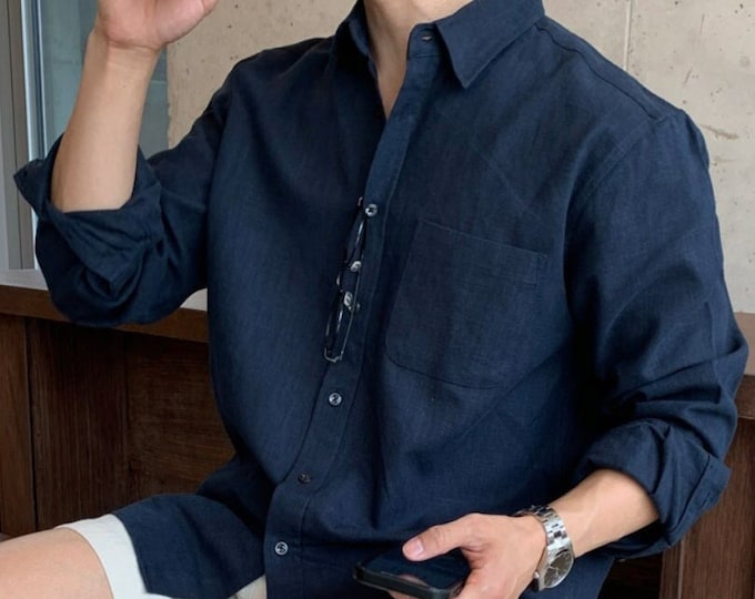 Cotton Linen Men's Long-Sleeved Shirts Summer, Minimal Fashionable Men Linen Shirt, Large Size Linen Jackson Button Down Shirt, Gift for Men