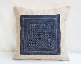 Indigo Batik Hmong Cushion Cloth Pillow Cover for Couch,Sofa or Bed, cover linen Decorative Pillow handmade, Housewarming Home Gift 20"x20"