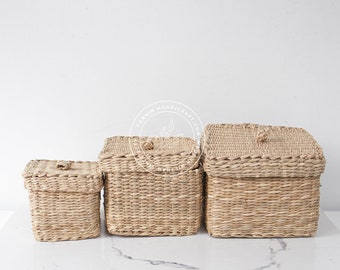 Lot de 3 paniers ovales/carrés naturels tressés à la main avec couvercle, récipient en jonc de mer en osier tressé naturel, pot vintage salle de bain/cuisine