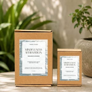 May include: Two brown cardboard boxes of varying sizes, each featuring a white label with the text SAGEE STUDIO, MINDFULNESS AFFIRMATION, RESILIENCE & COURAGE, 52 WEEKS OF QUIET FOCUS, ONE CARD AT A TIME, and instructions on a blue water-patterned background.