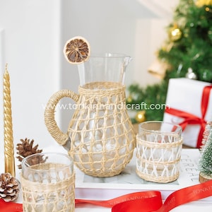 Hand blow Glass Pitcher, Seagrass-Wrapped Pitcher, Small Milk Jug, Handmade Pitcher Woven Seagrass Wrapped Glassware Housewarming gift
