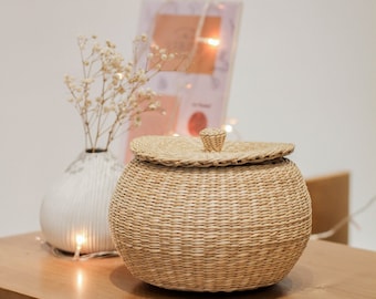 Panier avec couvercle, porte-bocal rond naturel tressé tissé, récipient en jonc de mer en osier tressé naturel, pot vintage salle de bain/cuisine
