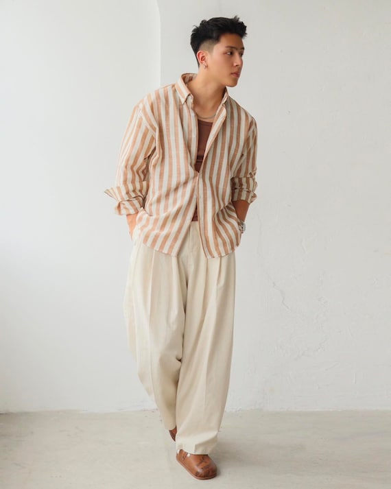 mens linen shirt long sleeve dress shirts Cotton Linen Men's Long-Sleeved Shirts Summer, Stripe Fashionable Men Linen Shirt, Large Size Linen Jackson Button Down Shirt, Gift for Men