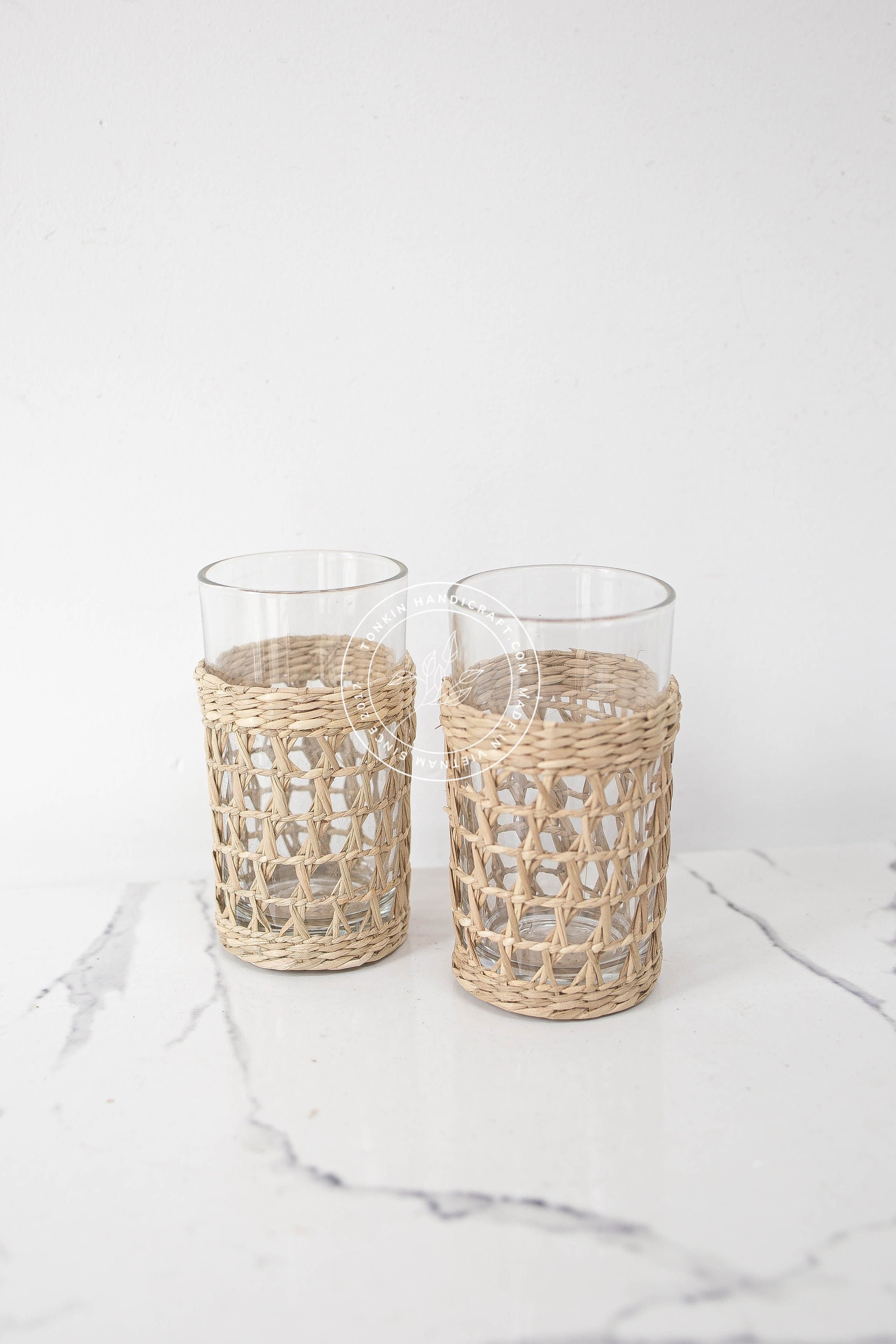 Vintage Woven Rattan Wicker Drinkware Set; pitcher + 11  Vintage Woven Rattan Wicker Drinkware Holders Glass Cups (Set of 6) main image 1