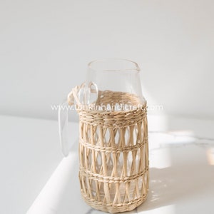 Hand blow Glass Pitcher, Seagrass-Wrapped Pitcher, Small Milk Jug, Handmade Pitcher Woven Seagrass Wrapped Glassware woven pitcher