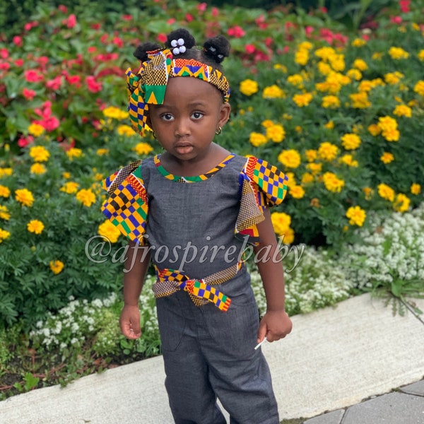 Girls Jumpsuits | Girls African Print Jumpsuits | Girls Denim and Kente Print Jumpsuits | Girls Holiday Outfit | Girls Christmas Gift