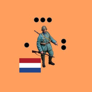 May include: A miniature figurine of a soldier wearing a green uniform, a helmet, and brown boots, carrying a rifle slung over the shoulder and holding another rifle in the hand. The figure is positioned next to a rectangular flag with horizontal red, white, and blue stripes.