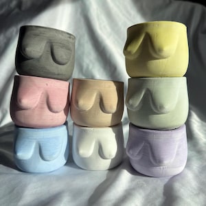 Könnte beinhalten: Eine Sammlung handgefertigter, farbenfroher Pflanzgefäße in verschiedenen Pastelltönen, darunter Grau, Rosa, Blau, Beige, Gelb, Grün, Weiß und Lila. Jedes Pflanzgefäß hat eine einzigartige Form mit einem Büstendesign.