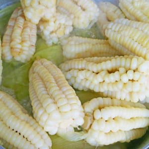 May include: Close-up of several ears of cooked corn, with kernels in shades of white and yellow. The corn is partially submerged in a liquid, possibly water, and rests on green husks. The image suggests a food preparation or culinary theme.