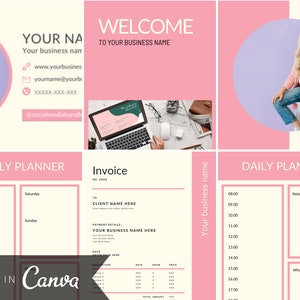 Op de afbeelding: Een roze en witte digitale plannertemplate met de tekst "Weekly Planner", "Daily Planner" en "Invoice". De template bevat secties voor notities, tijdsloten en klantgegevens. De template is gemaakt in Canva.