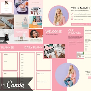 May include: A pink and white digital planner template with the text "MADE IN Canva" and "WEEKLY PLANNER" and "DAILY PLANNER". The template includes sections for daily and weekly planning, with time slots for each day.