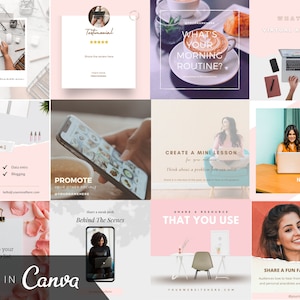 May include: A set of social media templates in pink and white, with text and graphics. The templates are designed to promote services, share tips, and encourage engagement. Text includes "My services", "Promote your other socials", and "Share a fun fact about you".