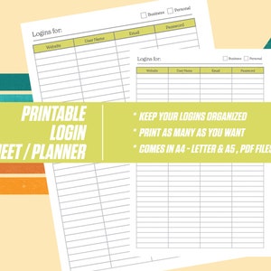 Login Planner Sheet, Printable Password Log, Organization Templates ...