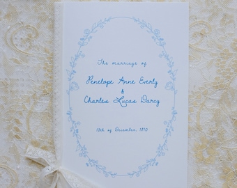 Fine art printed ceremony program, floral wedding program with lace ribbon, historical regency Jane Austen