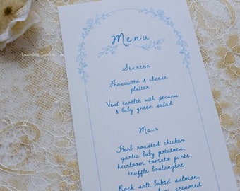 Luxury menu card printed, fine art wedding menu blue floral classic party decor