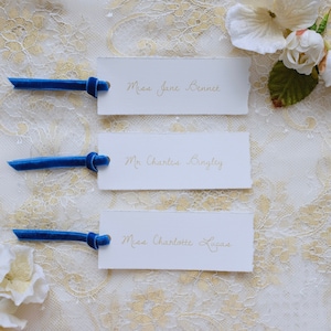 Elegant vintage wedding place cards with royal blue velvet ribbon, personalised printed placecards deckle edge, Jane Austen wedding image 1