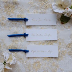 Elegant vintage wedding place cards with royal blue velvet ribbon, personalised printed placecards deckle edge, Jane Austen wedding image 3