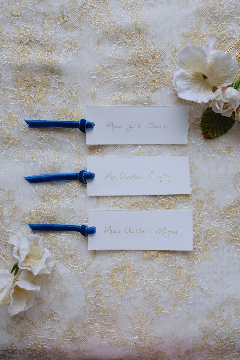 Elegant vintage wedding place cards with royal blue velvet ribbon, personalised printed placecards deckle edge, Jane Austen wedding image 3
