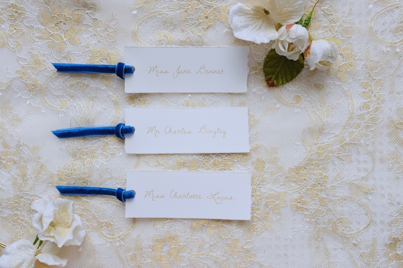 Elegant vintage wedding place cards with royal blue velvet ribbon, personalised printed placecards deckle edge, Jane Austen wedding image 1