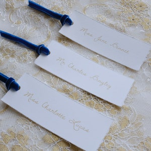 Elegant vintage wedding place cards with royal blue velvet ribbon, personalised printed placecards deckle edge, Jane Austen wedding image 4