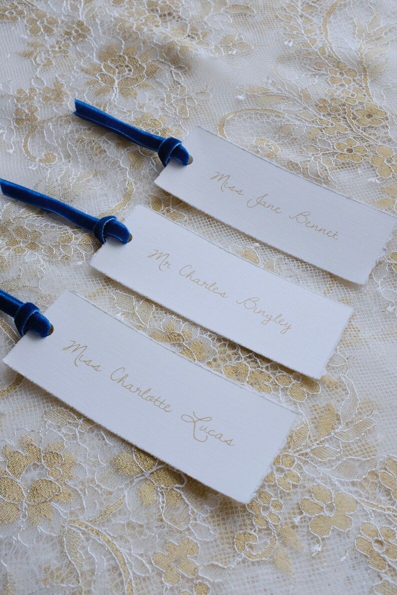 Elegant vintage wedding place cards with royal blue velvet ribbon, personalised printed placecards deckle edge, Jane Austen wedding image 4