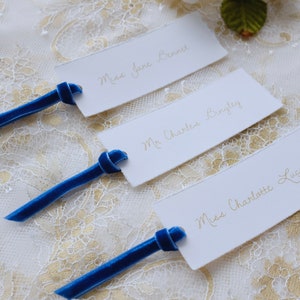 Elegant vintage wedding place cards with royal blue velvet ribbon, personalised printed placecards deckle edge, Jane Austen wedding image 5