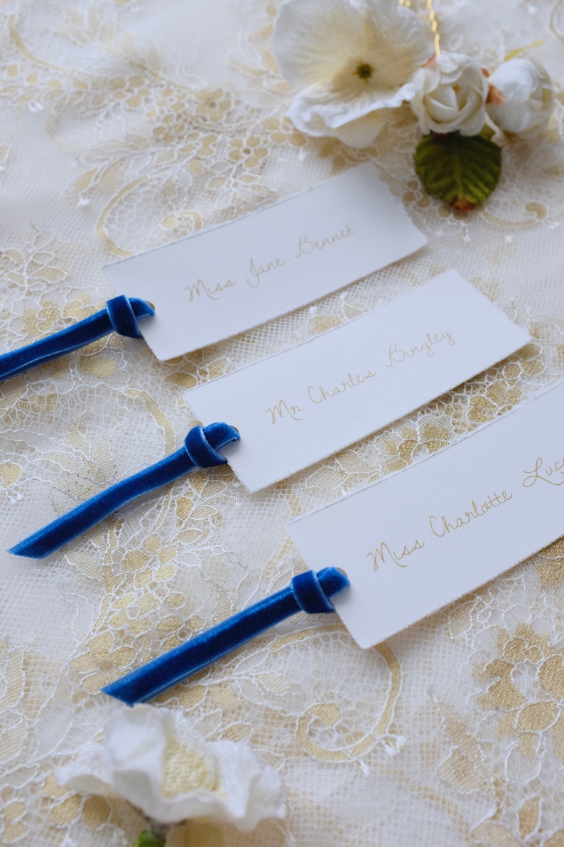 Elegant vintage wedding place cards with royal blue velvet ribbon, personalised printed placecards deckle edge, Jane Austen wedding image 5