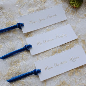 Elegant vintage wedding place cards with royal blue velvet ribbon, personalised printed placecards deckle edge, Jane Austen wedding image 2