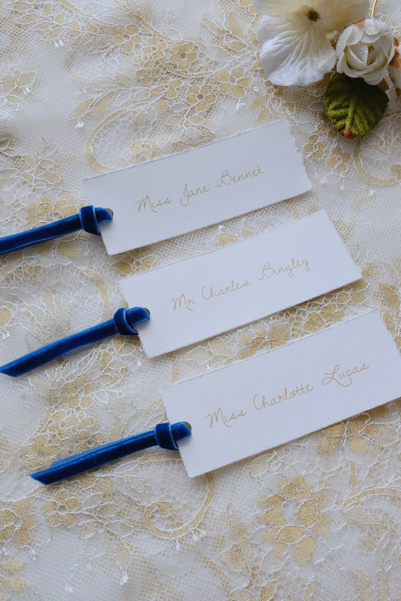 Elegant vintage wedding place cards with royal blue velvet ribbon, personalised printed placecards deckle edge, Jane Austen wedding image 2