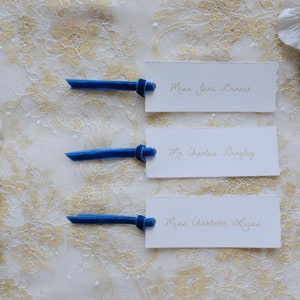 Elegant vintage wedding place cards with royal blue velvet ribbon, personalised printed placecards deckle edge, Jane Austen wedding image 6