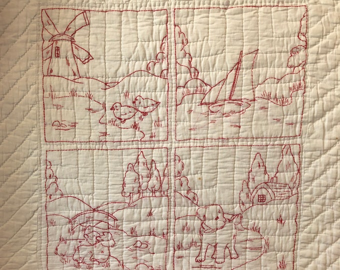 Antique Redwork Quilt With Attached Dust Ruffle FREE SHIPPING Etsy