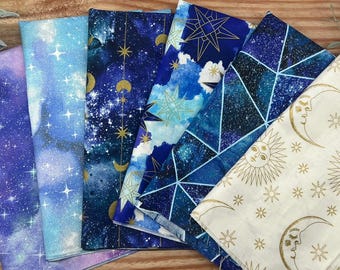 Celestial Fat Quarter Bundle ***LAST RESTOCK of BUNDLES*** – 6 Piece Galaxy Quilting Cotton Set – Moon, Star & Night Sky Fabric Collection