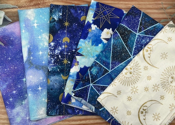 Celestial Fat Quarter Bundle – 6 Piece Galaxy Quilting Cotton Set – Moon, Star & Night Sky Fabric Collection
